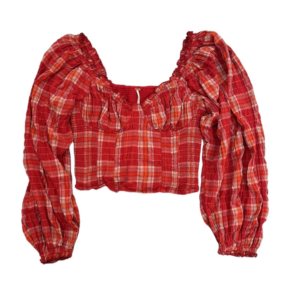 Free People Red Plaid Long Sleeve Top - Picture 3 of 4